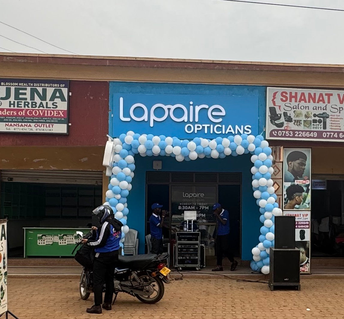 Exterior view the branch of  Lapaire Nansana Uganda with a blue signboard